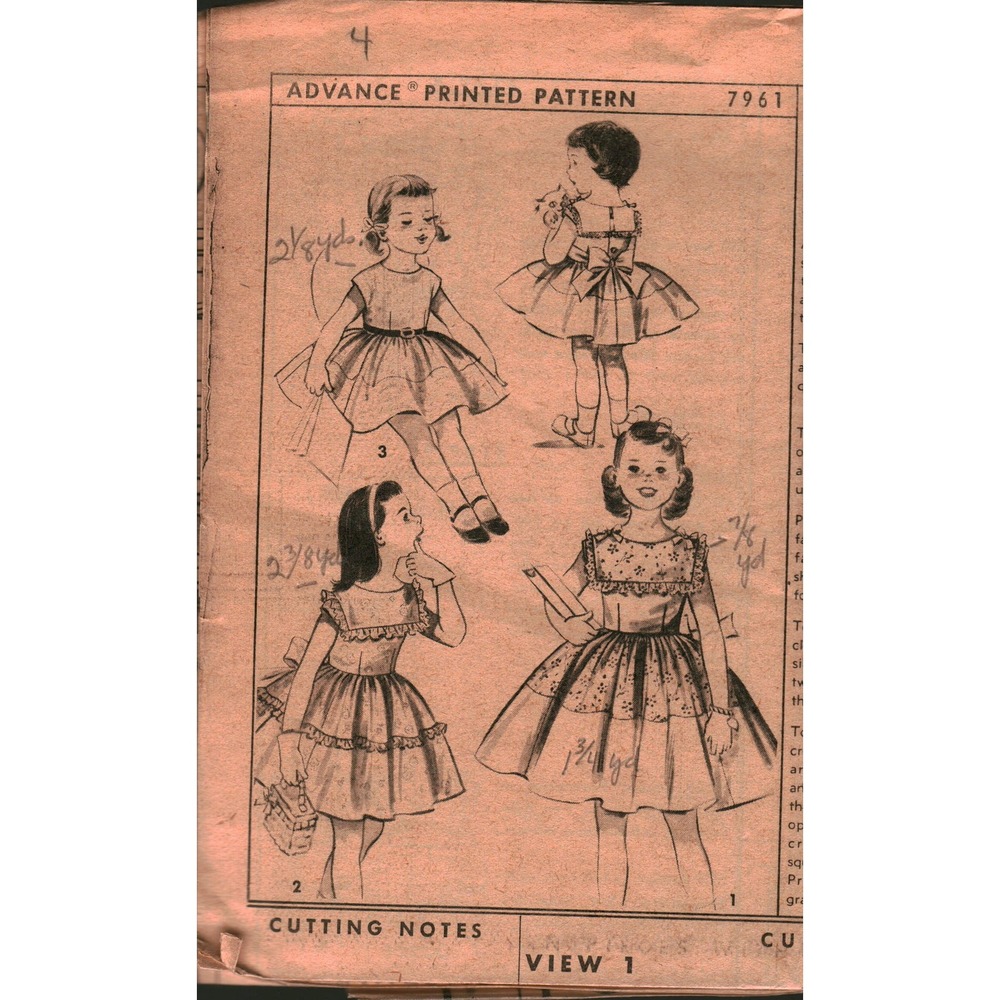 Vintage Advance 7961 Girls Dress Sewing Pattern 1950s Ruffle Yoke Full Skirt